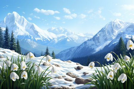 Blooming snowdrop flowers in the mountains in spring. Snow on ground. Illustration, watercolor aquarelle. AI Generatedの素材