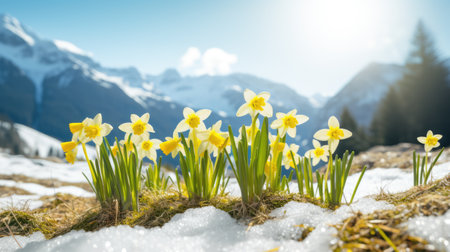 Wild narcissus flowers with snow-capped mountains at the background. Spring time. AI Generatedの素材