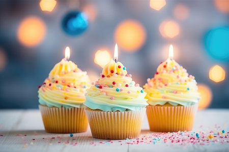 Cupcakes with burning candles. Beautiful lights at background. Happy birthday. Party, holiday mood. AI Generatedの素材
