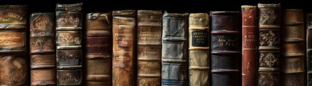 Vintage literature. Antique old books on wooden shelf. AI Generatedの素材