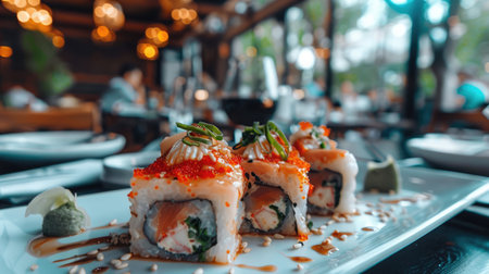 Sushi rolls with flying fish roe on white plate at Japanese restaurant. AI Generatedの素材
