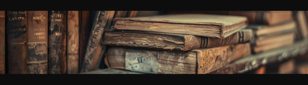 Antique old books on wooden shelf. Vintage literature. AI Generatedの素材