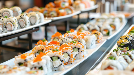 Various types of sushi rolls in the kitchen of Japanese restaurant. Traditional food. AI Generatedの素材