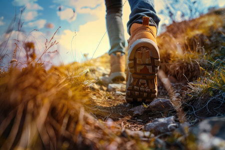 Hiker in sports shoes walking uphill. Hiking endurance concept. AI Generatedの素材