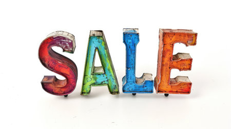 Sale word on white background. Text written in different colors. Black Friday discount concept. AI Generatedの素材