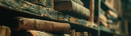 Vintage literature. Antique old books on wooden shelf. AI Generatedの素材