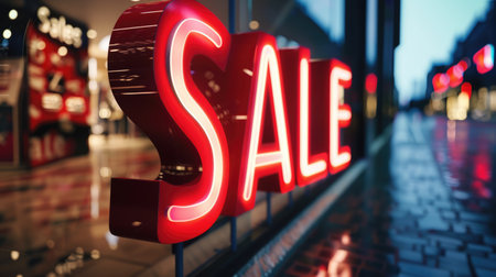 Red and white neon Sale sign in the street. Black Friday discount concept. AI Generatedの素材