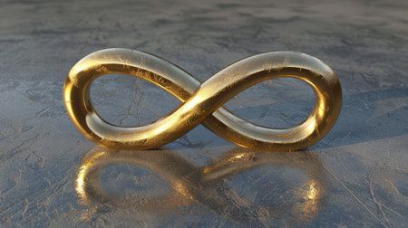 Golden infinity symbol on sidewalk outdoors. AI Generatedの素材