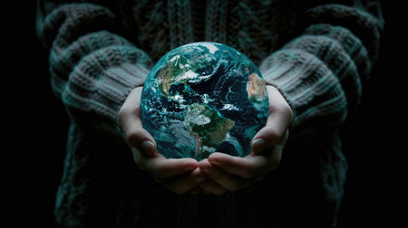 Womans hands holding planet earth globe. Environmental ecology issues, save the world concept. AI Generatedの素材