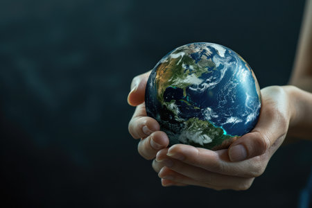 Female hands holding planet earth globe. Environmental ecology issues, save the world concept. AI Generatedの素材