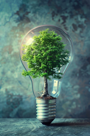 Light bulb with a green tree inside. Green alternative energy ecology concept. AI Generatedの素材