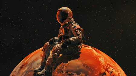 Spaceman in spacesuit sits on planet Mars globe. Astronaut in space. AI Generatedの素材
