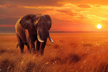Elephant in grasslands in Africa at sunset. AI Generatedの素材