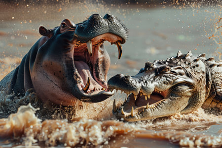 Hippo attacks crocodile in the river. Predators fight. AI Generatedの素材