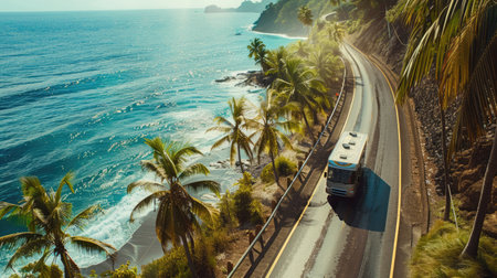 RV motorhome on the tropical coastal highway, top view. Beautiful scenery with the sea and palm treesの素材