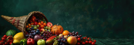 Cornucopia, horn of plenty with fruits, vegetables and berries on dark green background with copy space. Harvest and abundance concept.の素材