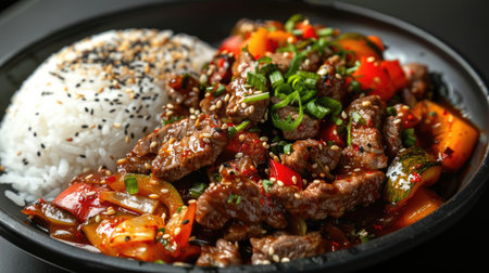 Traditional Korean Bulgogi dish on black plate close-up image. Thinly cut, grilled beef served with rice and vegetables.の素材
