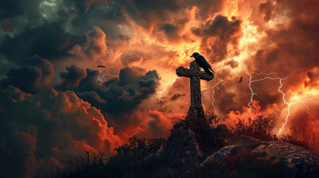 Cross on the hill and raven sitting on top, thunderclouds and lightning in the red sky. Dark ancient scary gothic Halloween ambience.の素材