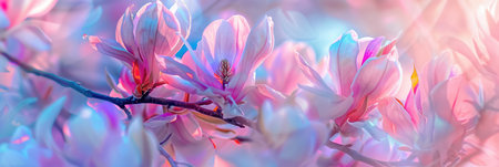 Blooming magnolia tree floral background. Pastel pink petals, colorful flowers.の素材