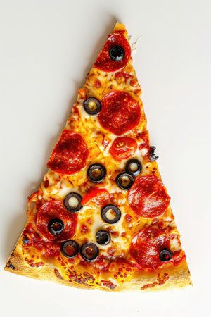 Slice of fresh pepperoni pizza with olives, top view white background. Traditional Italian cuisine dish.の素材