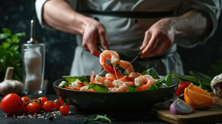 Chef cooking shrimps in the kitchen. Professional cook preparing prawn salad. Healthy seafood with vegetables.の素材