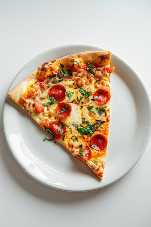 Slice of fresh pepperoni pizza on plate, top view on white background. Traditional Italian cuisine dish.の素材