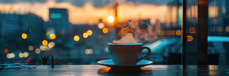 Steaming cup of coffee by the window with the blurred night city lights outside, capturing tranquil mood.の素材
