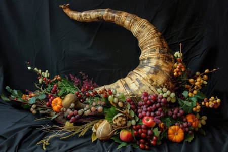 Cornucopia, horn of plenty with fruits, vegetables and berries on black background. Harvest and abundance concept.の素材