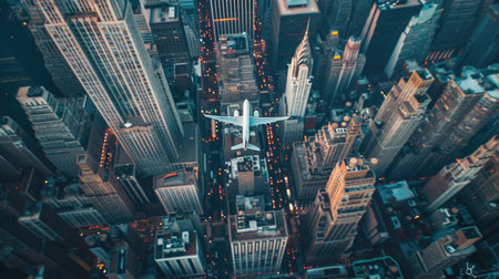 Top view of an aircraft flying over the downtown of a big city.の素材