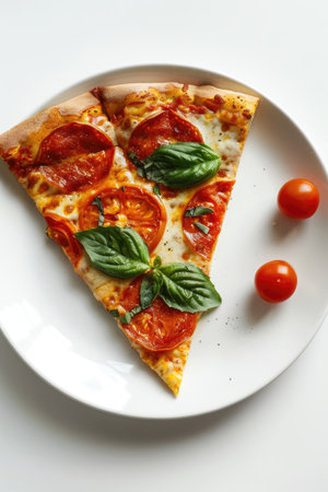 Slice of fresh pepperoni pizza on plate, top view on white background. Traditional Italian cuisine dish.の素材