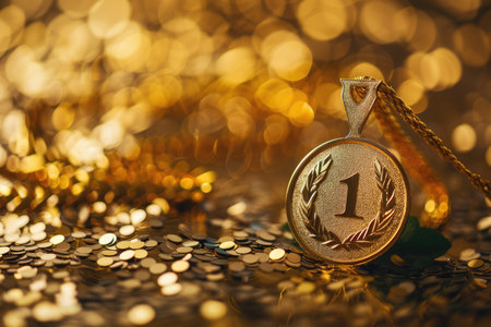 Gold medal, number one laurel wreath on yellow ribbon, golden bokeh background with confetti and copy space. Champion first place winner.の素材