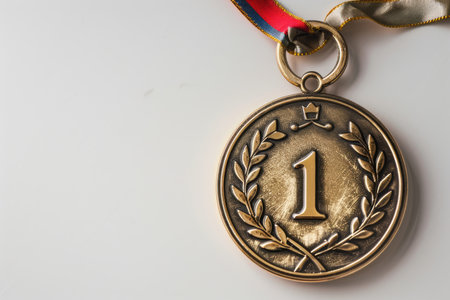Gold medal, number one laurel wreath and color ribbon on white background. Champion first place winner, copy space.の素材