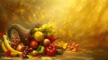 Cornucopia, horn of plenty with fruits, vegetables and berries on golden background. Harvest and abundance concept.の素材
