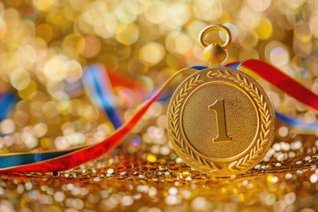 Gold medal, number one laurel wreath on red and blue ribbon, golden bokeh background with confetti and copy space. Champion first place winner.の素材