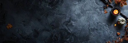 Halloween theme card with pumpkin, burning candle and dried leaves on black background with copy space. Spooky scary holiday concept.の素材