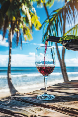 Pouring red wine into glass on wooden table at the tropical beach on a beautiful sunny summer day.の素材
