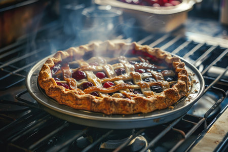 Cherry pie on baking sheet pan with steam in the kitchen. Traditional fresh homemade bakery.の素材