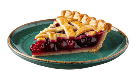 Slice of fresh cherry pie on green plate isolated on white background. Traditional homemade bakery.の素材