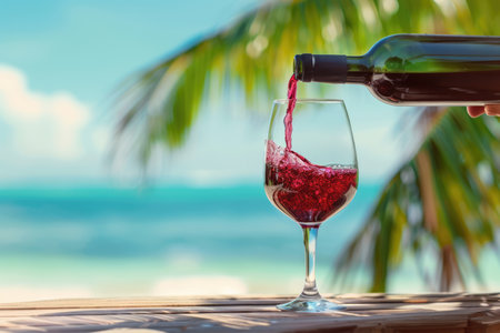 Pouring red wine into glass on wooden table at the tropical beach on a beautiful sunny summer day.の素材