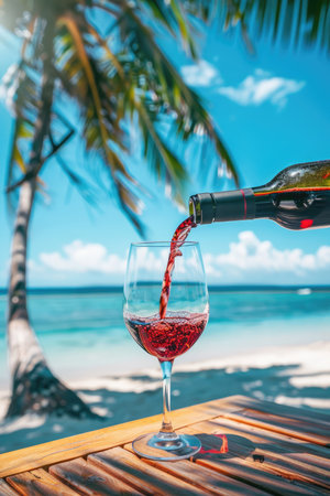 Pouring red wine into glass on wooden table at the tropical beach on a beautiful sunny summer day.の素材