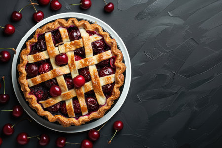 Cherry pie isolated on black background, top view with copy space. Traditional homemade bakery.の素材