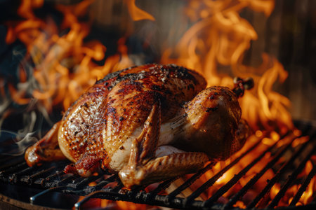 Roast seasoned whole turkey over flame on barbecue grill. Traditional Thanksgiving and Christmas dish for family dinner.の素材