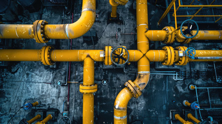 Yellow gas pipeline and valves. Modern oil and gas industrial technology. Industry infrastructure network, top view.の素材