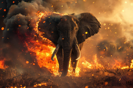 Elephant running away from the fire. Destruction of wildlife habitat, ecological disaster. Animal protection concept.の素材