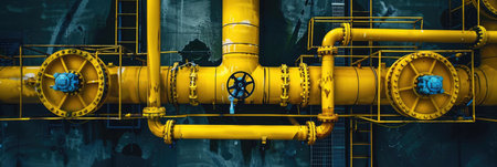 Yellow gas pipeline and valves. Modern oil and gas industrial technology. Industry infrastructure network, top view.の素材