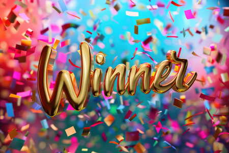 Golden winner word on blurred abstract colorful background with falling confetti. Champion first place winner concept.の素材