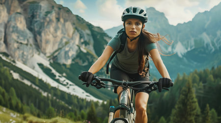 Young woman wearing a helmet riding a sports bicycle on the mountain trail in summer. Active and healthy lifestyle concept.の素材