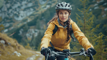 Young woman wearing a helmet riding a sports bicycle on the mountain trail in summer. Active and healthy lifestyle concept.の素材