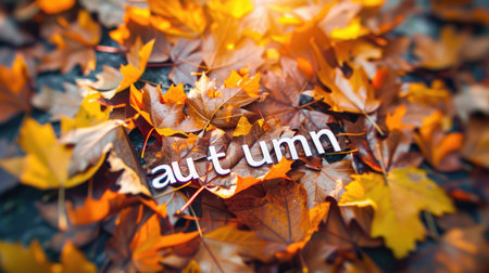 Word Autumn surrounded by colourful maple leaves on dark background. Seasonal theme frame, harvest and Thanksgiving.の素材