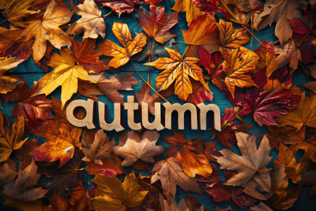 Word Autumn surrounded by colourful maple leaves on wooden background. Seasonal theme frame, harvest and Thanksgiving.の素材